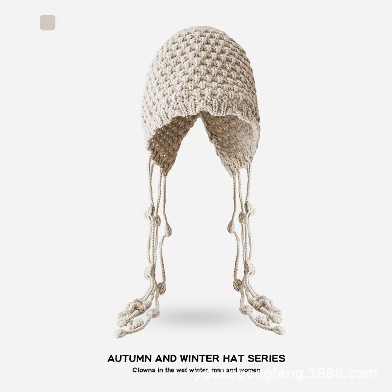 Hat Handwoven Tassel Knit Hat Women Autumn Winter New Warm Ear Protection Large Head Circumference Face Slimming Wrap Hat