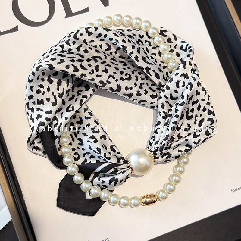 Off-white magnetic buckle pearl necklace, narrow small ears long strip silk scarf for women, neck protection matching shirt thin scarf