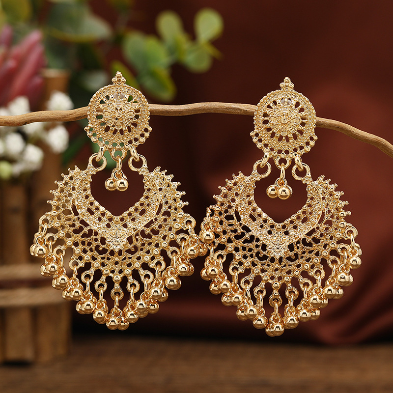Bohemian ethnic style earrings for women hollow heart ear studs long bell Indian accessory