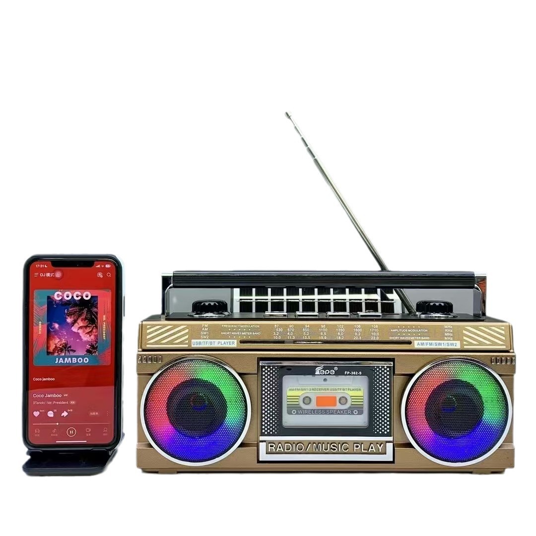 New FP-362-S Solar Bluetooth Speaker Dual Speaker Colorful Light Four-band Tuning Antenna Radio