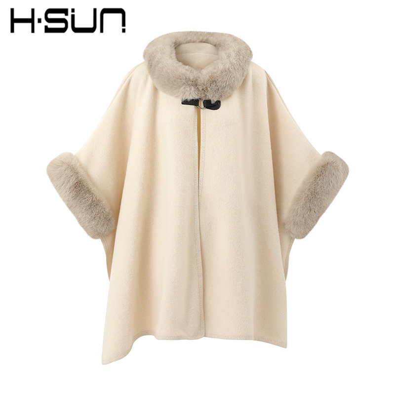 H·SUN Street Style Solid Color Round Neck Poncho Cape Warm Women's 2026 Winter Mid-Length