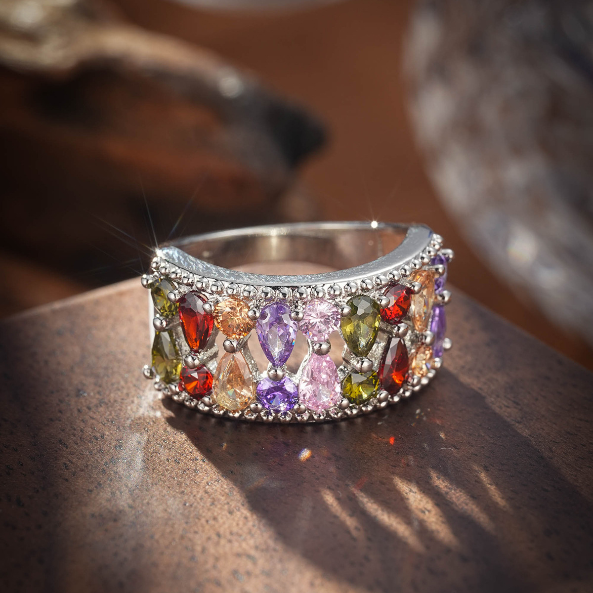 Colored Gemstone Ring Fashion Jewelry Rainbow Color Zircon Jewelry Flower Women's Ring