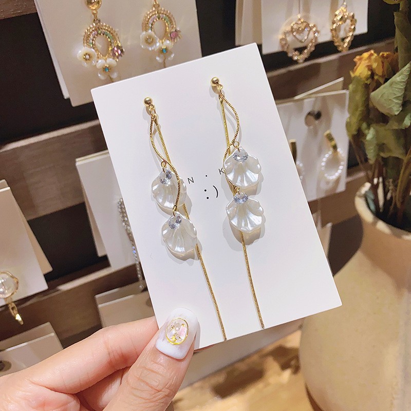 S925 Silver Needle Simple Long Shell Flower Earrings for Women Fresh Shell Flower Tassel Ear Accessories