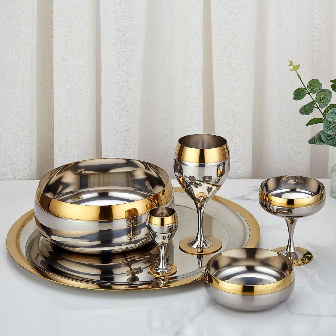 304 Stainless Steel Gold Rim Wine Glass Set Bar Cocktail Plate Bowl Restaurant Home Kitchen Supplies