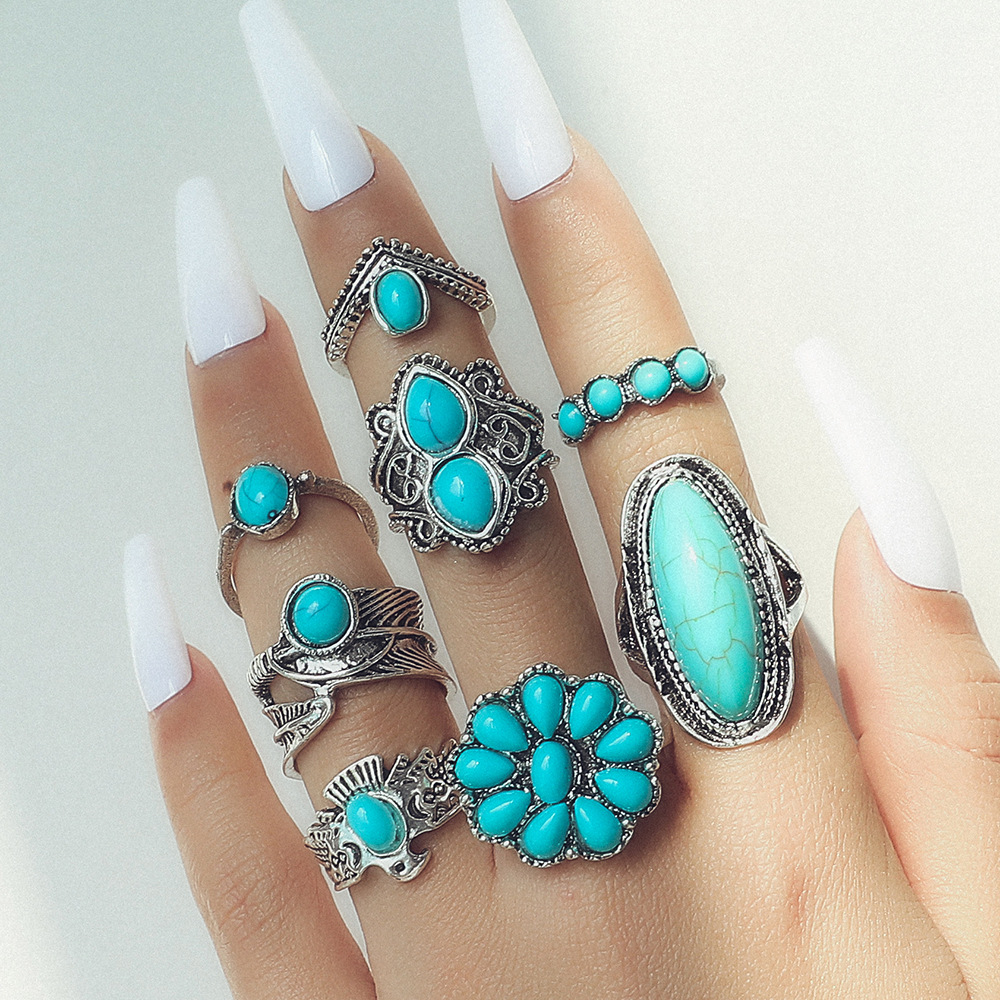 Ethnic Style Turquoise Carved Feather Ring 8-Piece Combination Ring Set