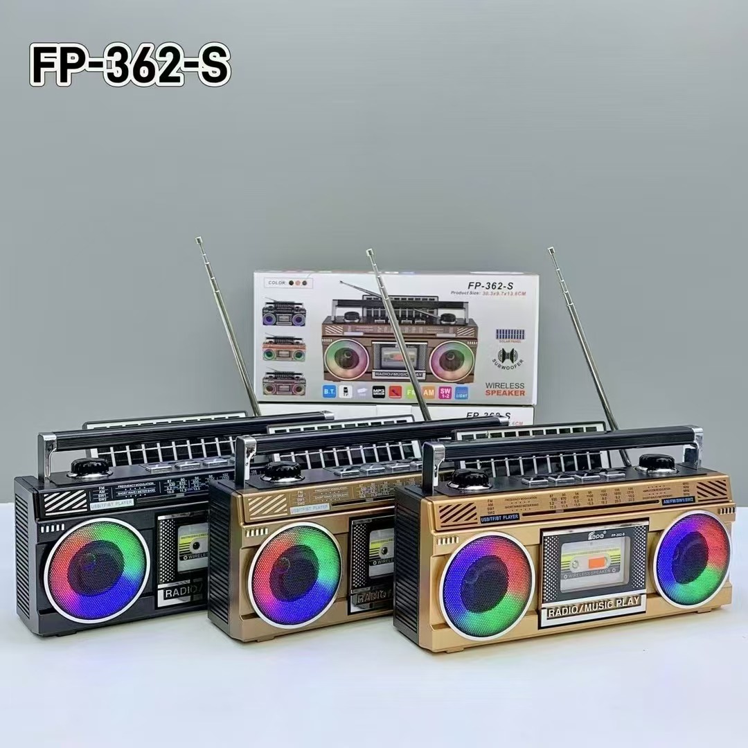 New FP-362-S Solar Bluetooth Speaker Dual Speaker Colorful Light Four-band Tuning Antenna Radio