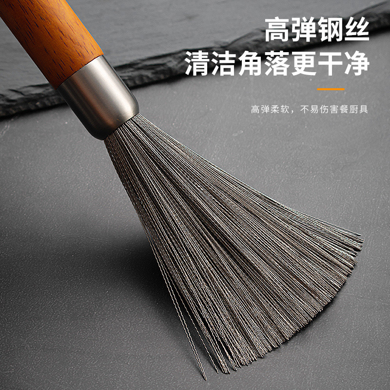 304 stainless steel pot brush household kitchen dishwashing brush hangable wooden handle pot brush cleaning decontamination steel wire brush