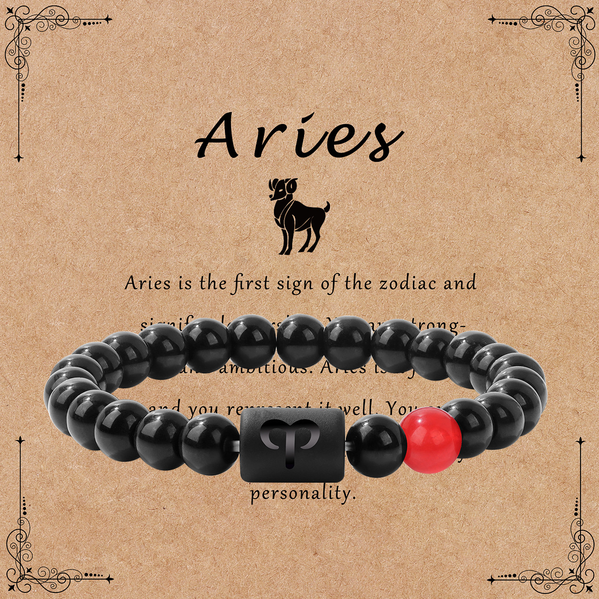 Twelve zodiac bracelet for men shiny black beads elastic rope unisex bracelet