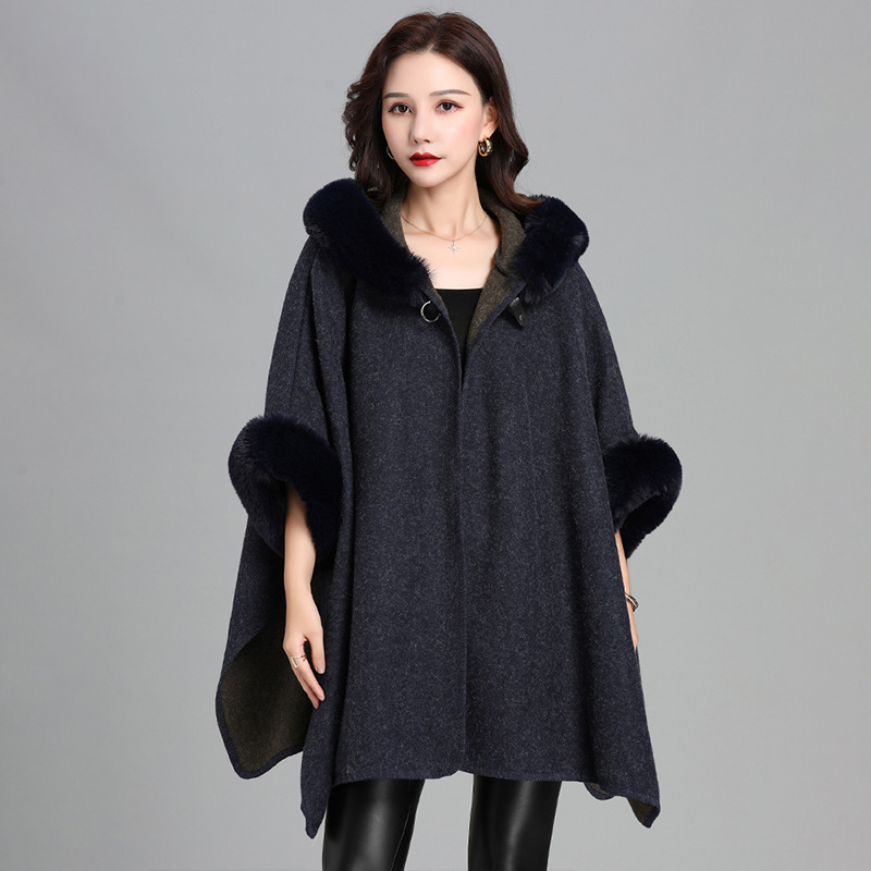 Imitation Rabbit Fur Collar Hooded Large Cape Poncho Women's Knit Cardigan Thick Loose Mid-Length Fur Coat Women