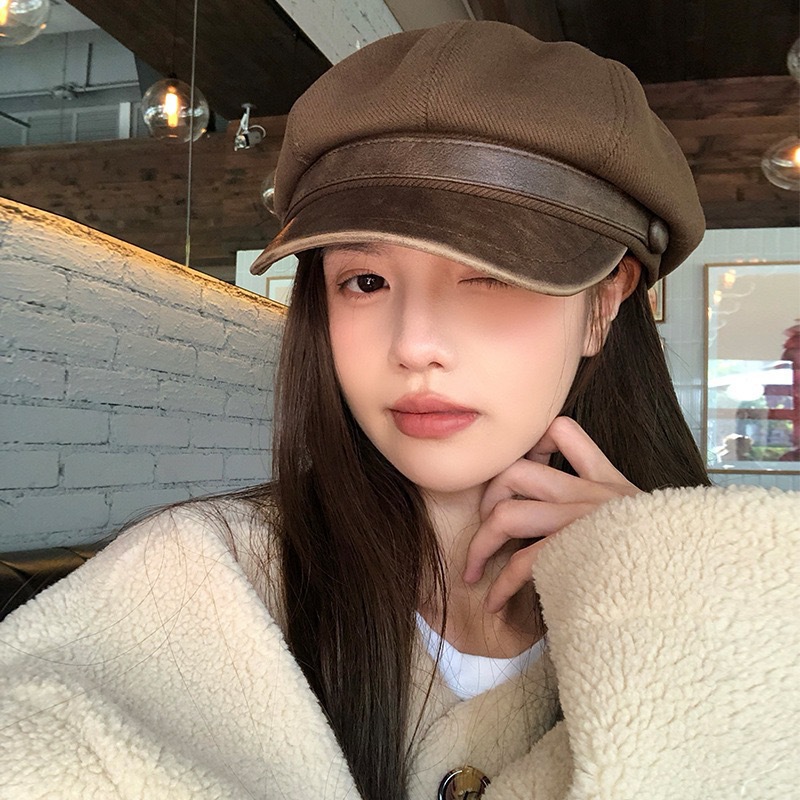 皮檐做旧八角帽-咖啡