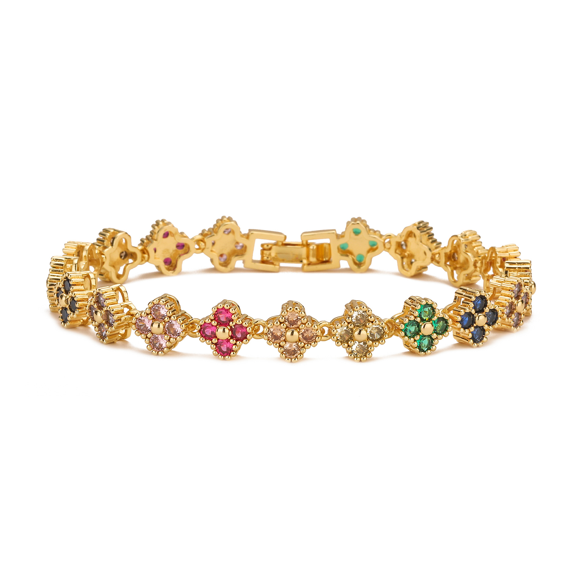 HECHENG Jewelry Copper Plated 18K Gold Inlaid Colorful Diamond Flower Bracelet, Necklace Sweet Four-Leaf Clover Jewelry Set