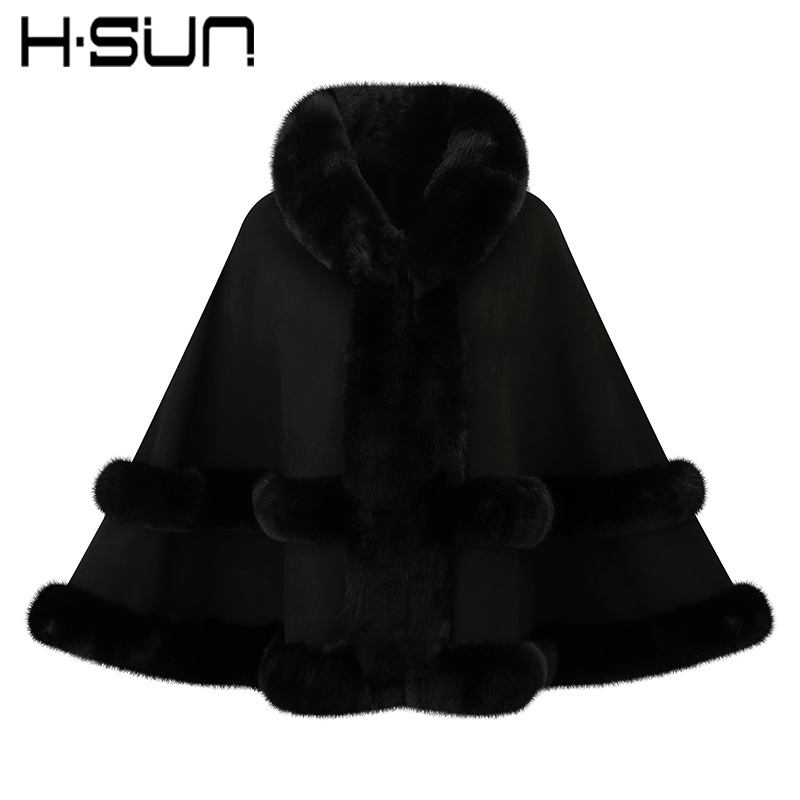 H·SUN Street Style Cape Poncho Cape Suede Fur Trim Warm Fleece Women's 2026 Fur Collar