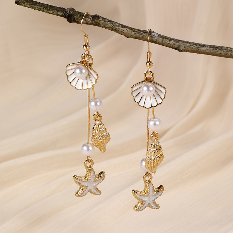 EZ5644 Summer Fresh Conch Shell Starfish Long Pearl Tassel Earrings Women's Accessories
