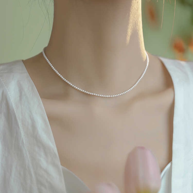2mm extra small round round flawless strong light pearl sterling silver necklace women's fine clavicle chain 2024