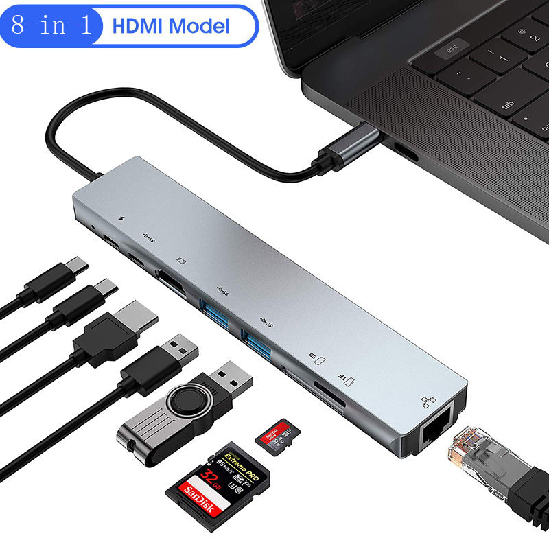 8-in-1 Docking Station Type-C to Ethernet HDMI Multi-function Notebook Converter