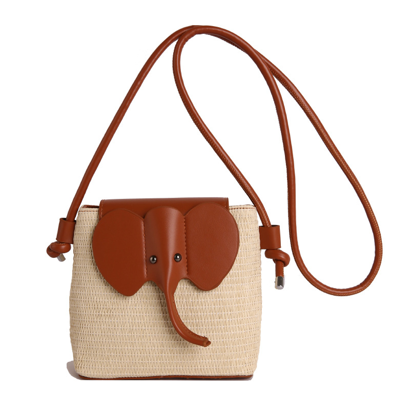 New Woven Bag Cartoon Little Elephant Single-Shoulder Crossbody Bag Zipper Vacation Beach Travel Shopping Cute for Women