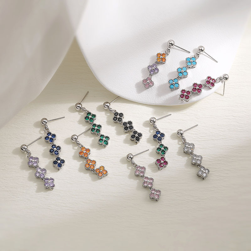 Copper Inlaid Colorful Diamond Four-Leaf Clover Stud Earrings Unique Flower Petal Earrings