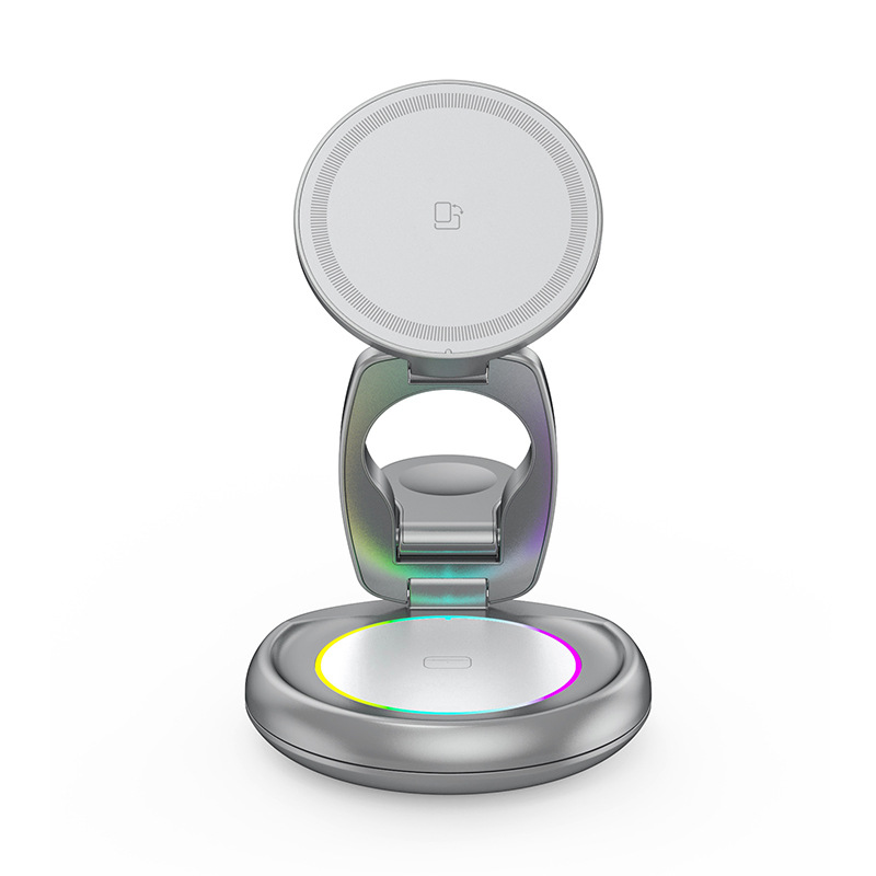 New Metal Wireless Charger 3-in-1 Foldable Stand Desktop Rotating Phone Wireless Charger Orange