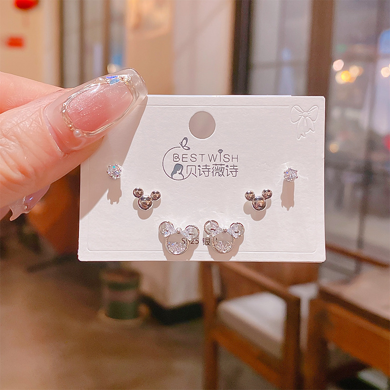 2025 silver needle thick gold electroplated exquisite zircon small earrings 6-piece set three pairs, wind earring accessories