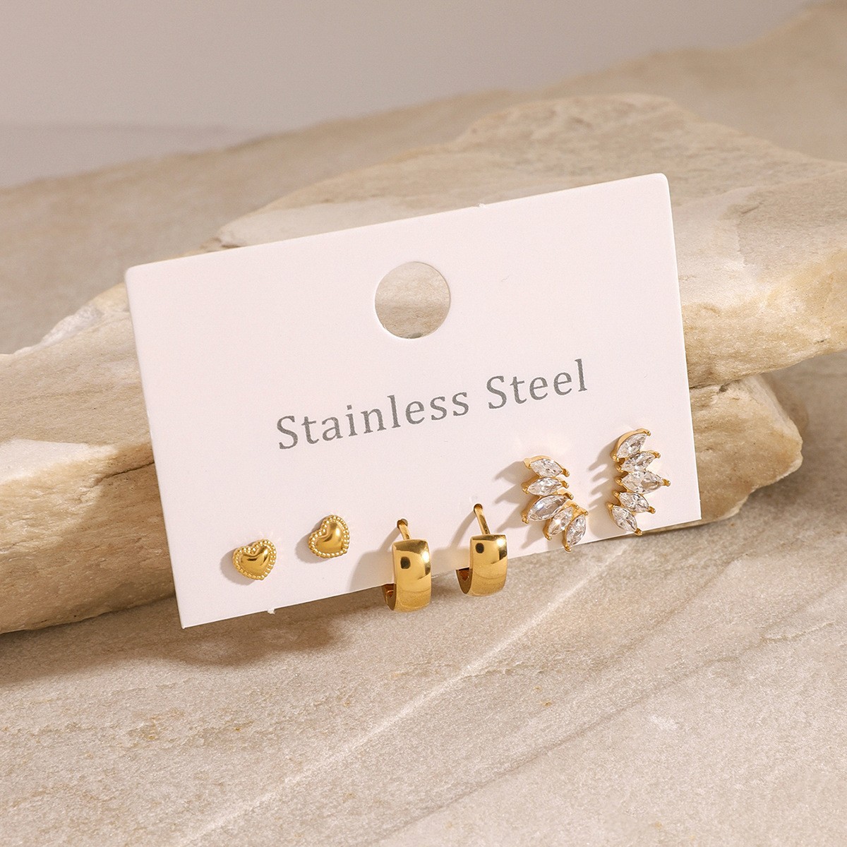 Jieding three pairs stainless steel zircon earrings niche pearl earrings titanium steel ear accessories