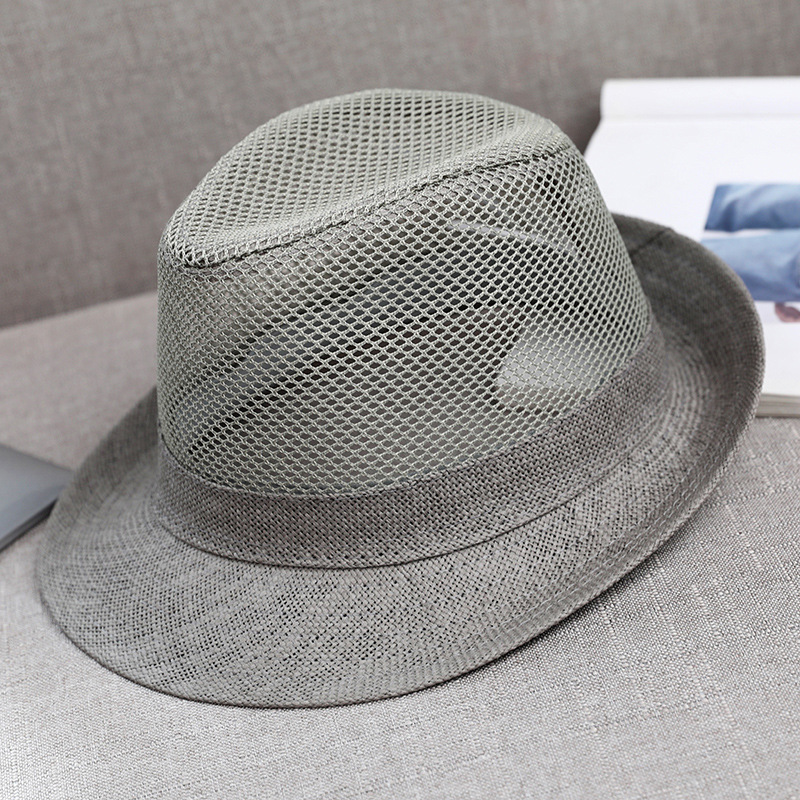 Hat Summer Men's Small Fedora Straw Brim Polyester Mesh Breathable Hollow Sun Protection Rolled Brim Sun Hat