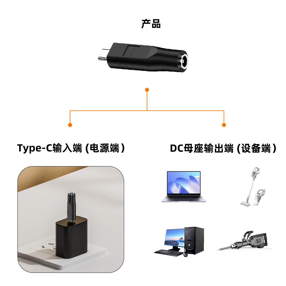 Type-C male to DC female output laptop adapter, reverse output PD trigger 100W fast charging plug