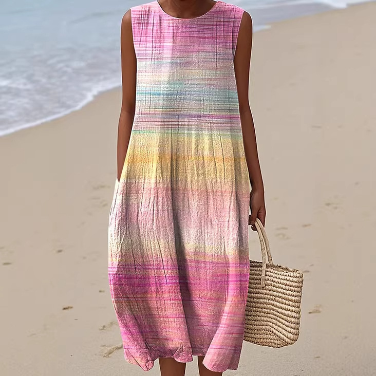 2026 New Sleeveless Printed Dress Beach Vacation Loose Mid Length Round Neck Dress Seaside Vacation Dress