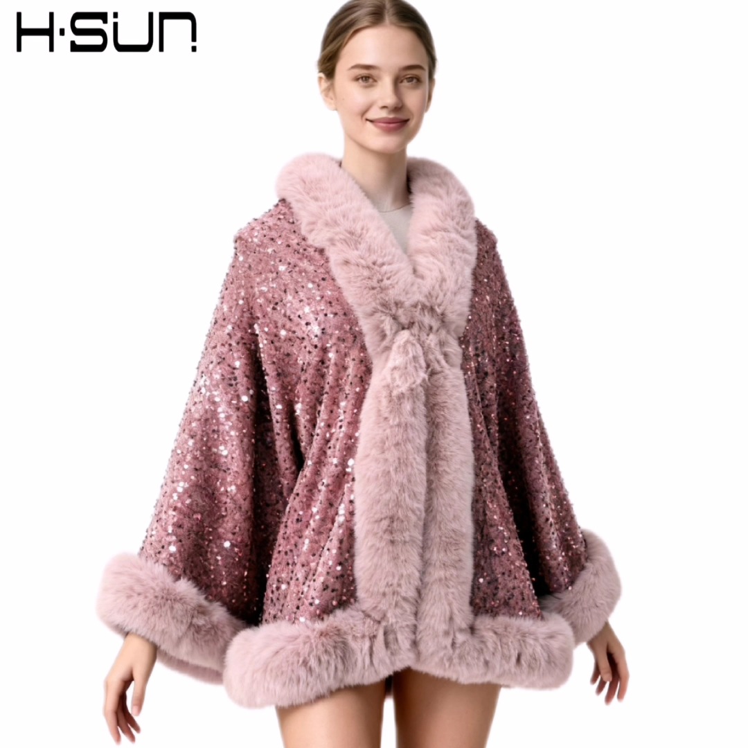 2026 Autumn and Winter Cape Outerwear Small Vest Street Style Cape Solid Color Sequins Fur Collar Poncho