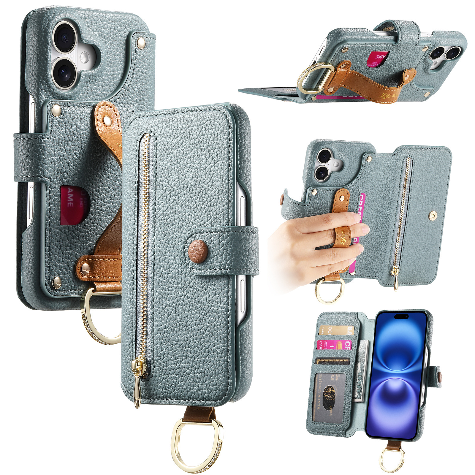 Leather grain plain leather back adhesive flip phone case for Apple 18 phone case card slot iPhone18 case