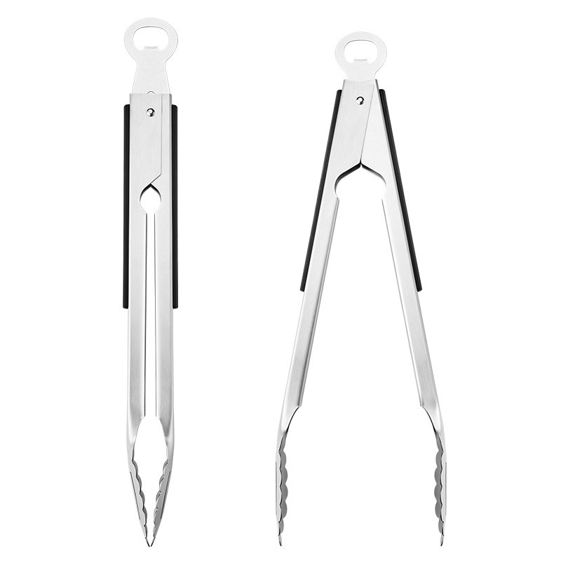 Outdoor Stainless Steel BBQ Tongs Multi-Function Heat-Proof Food Tongs with Bottle Opener 430 Steel BBQ Clips