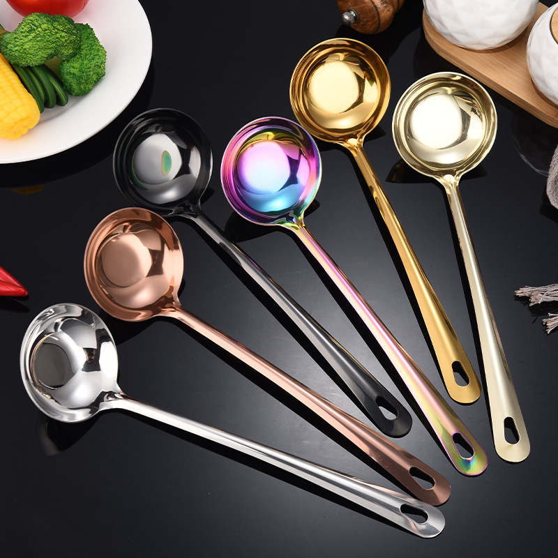Stainless Steel Soup Spoon Home Kitchen Serving Spoon Beef Hot Pot Oil Residue Strainer Long-Handle Seasoning Large Spoon