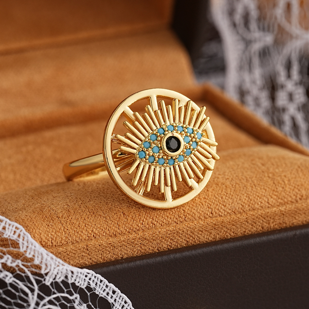 New Product Copper Plated Real Gold 360 Rotating Ring Women's Evil Eye Blue Zircon Open Ring