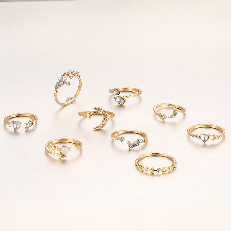 New Ring Set 9-Piece Love Butterfly Star Moon Diamond Combination Ring Set for Women