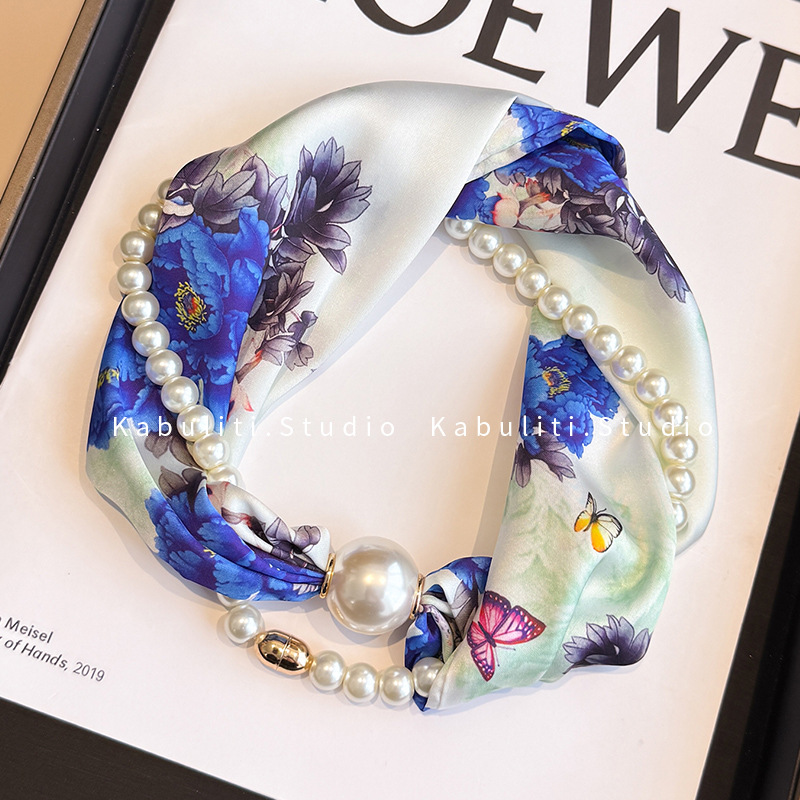 Magnetic buckle pearl necklace narrow small long strip silk scarf women neck protection mother matching shirt thin scarf