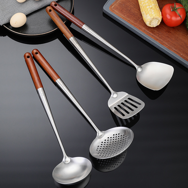 Stainless steel long-handled wok spatula home chef kitchen utensils wok spatula large soup spoon serving spoon padauk wood handle chef series