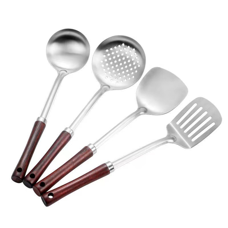 Thickened non-magnetic stainless steel pot shovel, kitchen wooden handle spatula, cooking spoon series, 9.9 yuan store display
