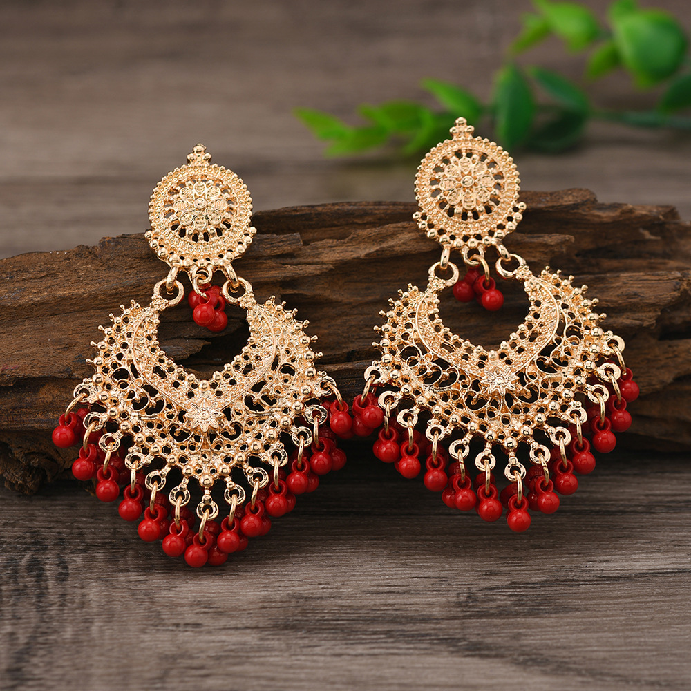 Bohemian ethnic style earrings for women hollow heart ear studs long bell Indian accessory
