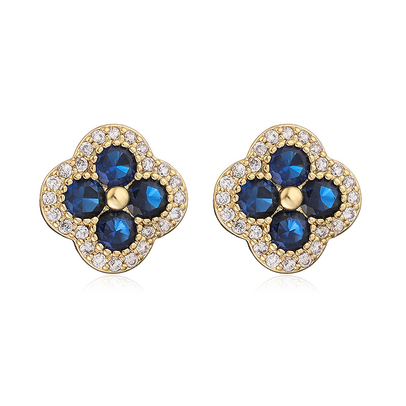 Copper Inlaid Colorful Diamond Four-Leaf Clover Stud Earrings for Women Flower Petal Earrings Earrings