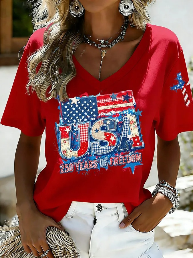 2026 independent station summer new US 250th anniversary flag print T-shirt women