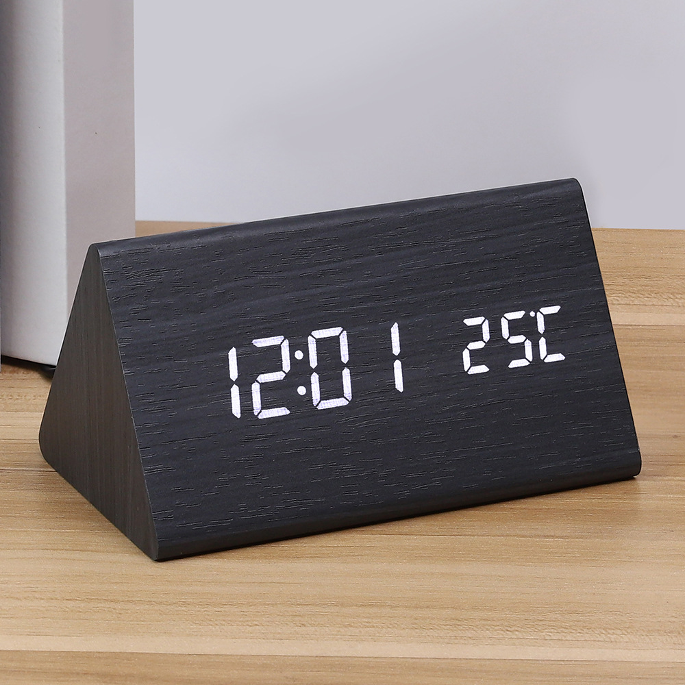 Digital LED wooden clock, temperature, calendar, quiet bedroom student alarm clock, triangular desk clock