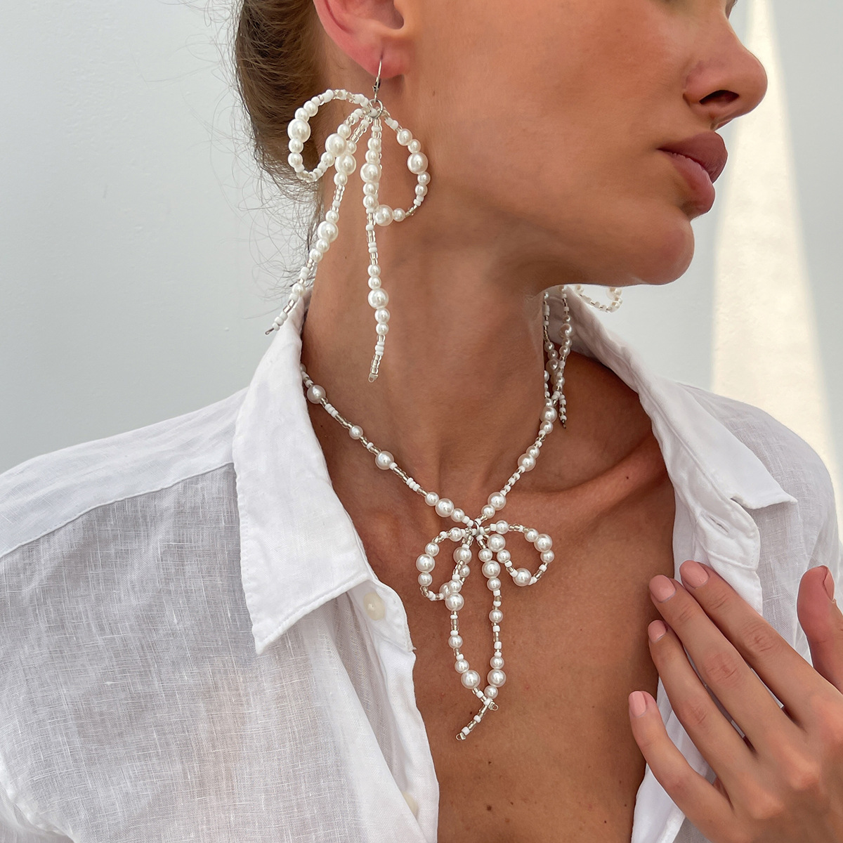 Accessories Size Pearl Earrings Simple Rice Bead Bow Earring Necklace Set