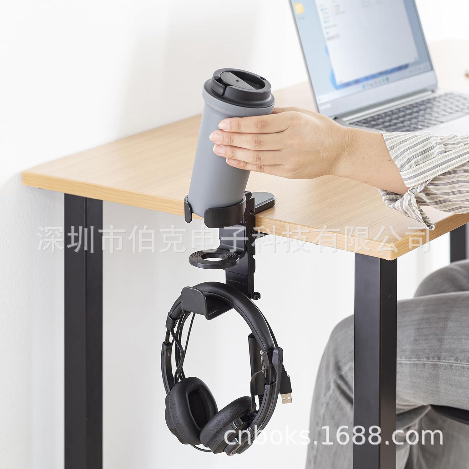 No-drill 2-in-1 desktop cup holder and headphone stand - gaming headset hanger with drink holder for computer desk