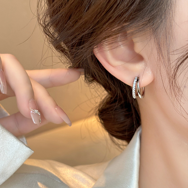 Simple Silver Rhinestone Double Layer Ear Cuff for Women Niche Earrings Exquisite Circle Earrings Accessories Wholesale