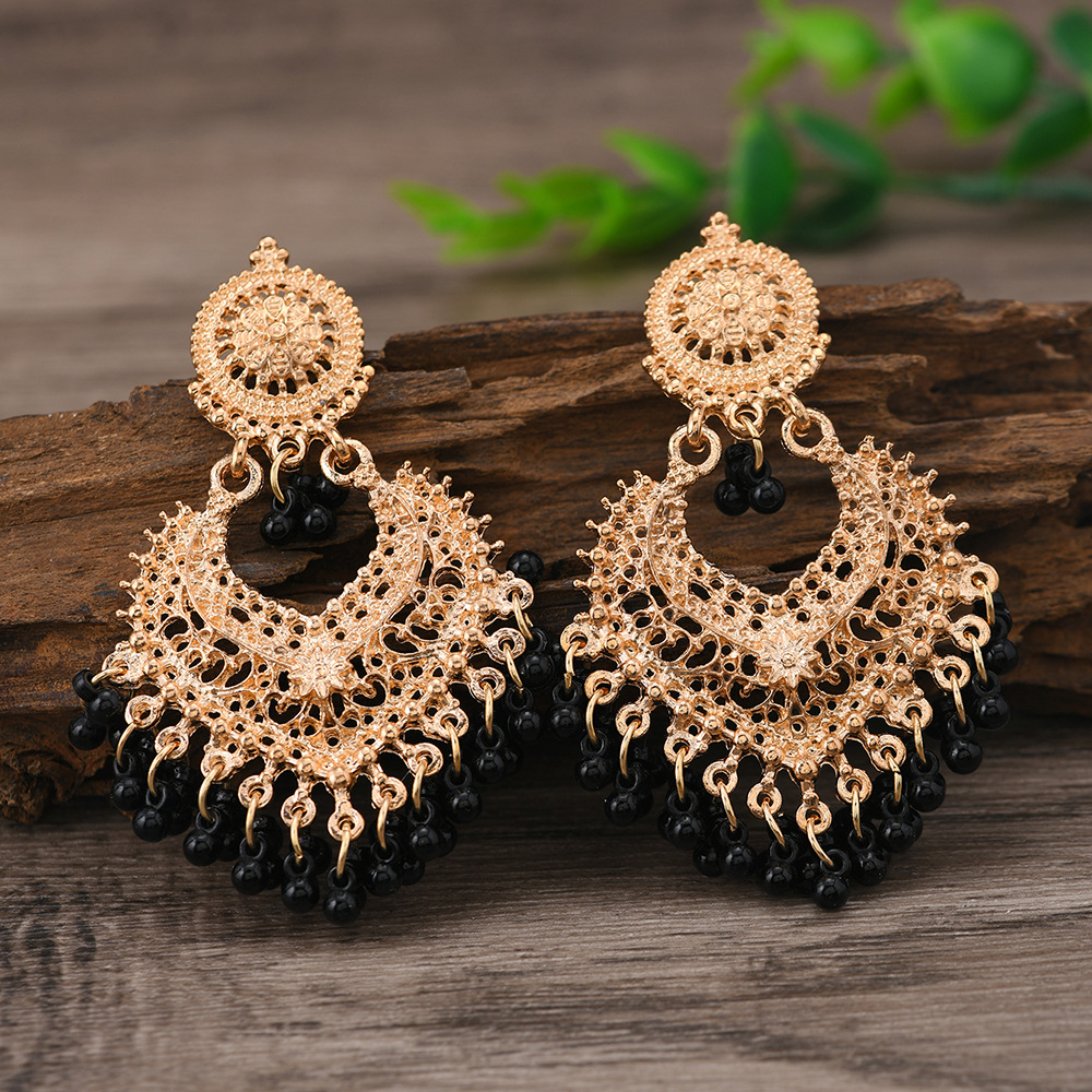 Bohemian ethnic style earrings for women hollow heart ear studs long bell Indian accessory