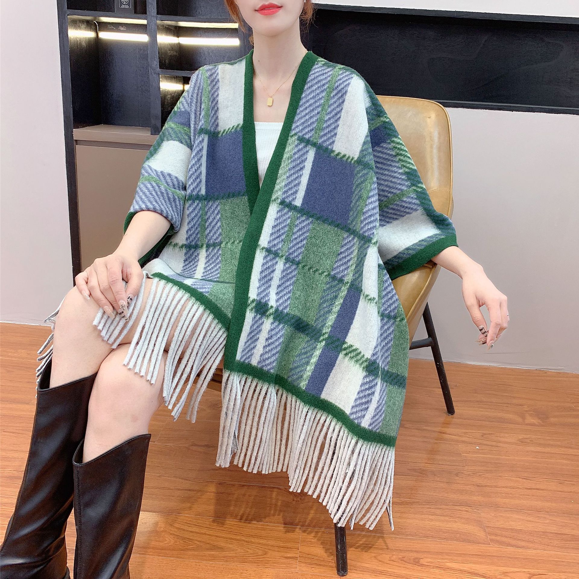 Imitation Cashmere Printed Shawl Outerwear Dress Cape Decorative New Plaid Warm Scarf
