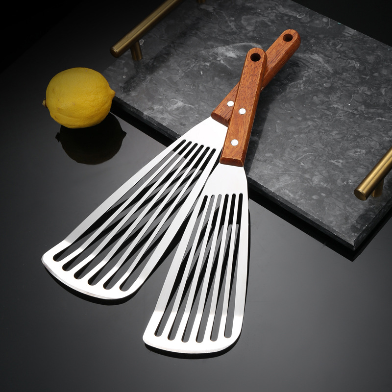 Stainless steel frying spatula, multifunctional kitchen cooking fish spatula, steak spatula, wooden handle, cooking spatula, pizza spatula, teppanyaki spatula