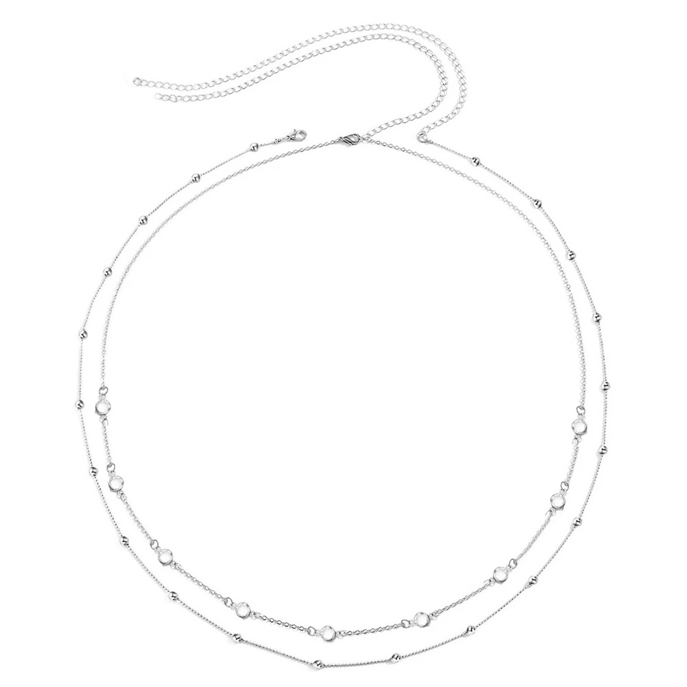 Exquisite sexy stainless steel crystal bead chain spliced double-layer waist chain, beach vacation accessory