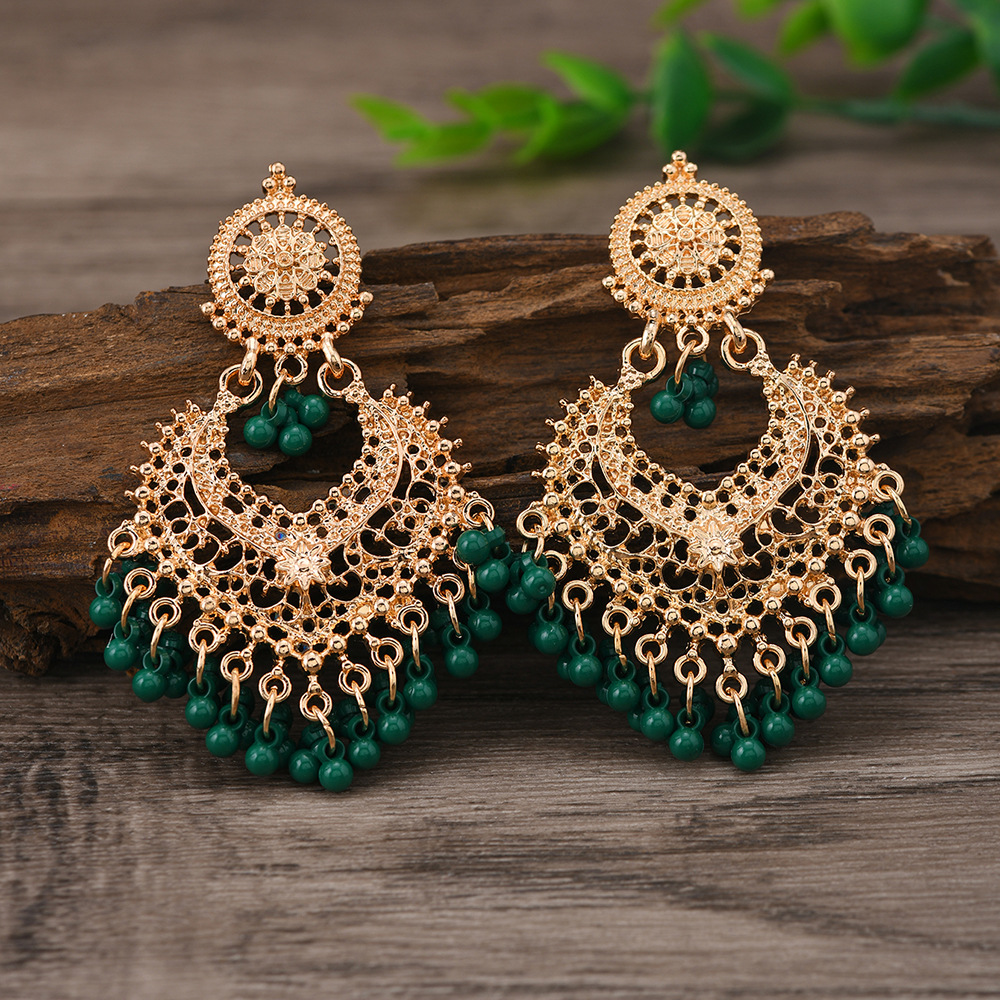 Bohemian ethnic style earrings for women hollow heart ear studs long bell Indian accessory