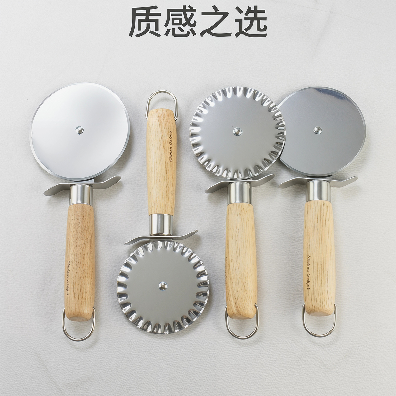 Kitchen gadget wooden handle small kitchenware stainless steel single wheel pastry cutting dough cutter pizza rolling cutter