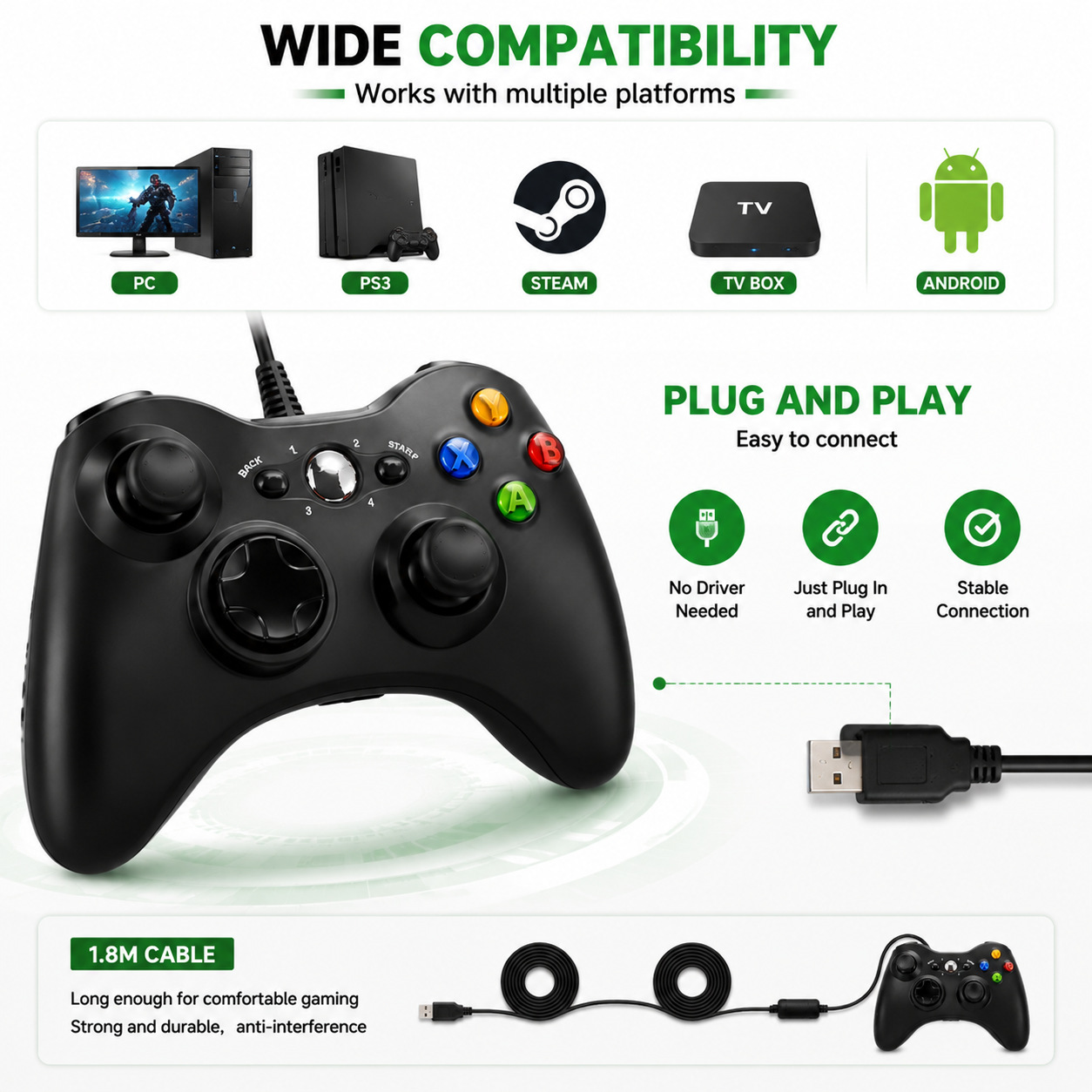 PC360 Multi-in-One 360 Wired Controller Android Wired Game Controller Compatible with PC PS3 TVBOX Android